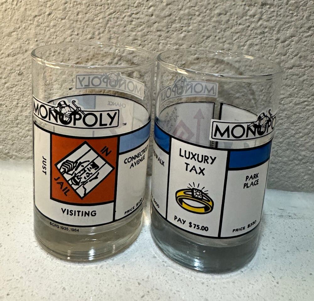 Monopoly Collector Series 12 oz Glass Tumblers Set of 2 1984